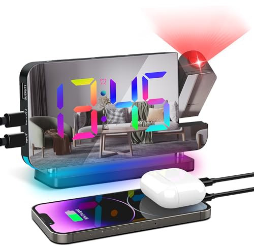 Lafocuse Projection Clock, Digital Alarm Clock Bedside with 180° Projector, LED Digital Clocks with Colorful Nightlights, Snooze, Adjustable Brightness for Bedroom Kids Room, Black