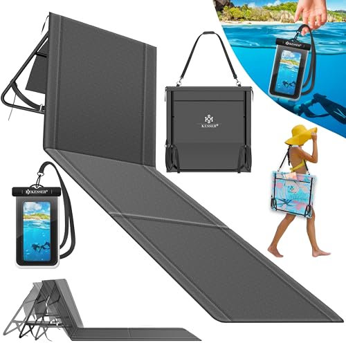 KESSER® Strandmatte klappbar mit Verstellbarer Rückenlehne, Strandliege faltbar mit Tragegurt, wasserdichter Handyhülle & Aufbewahrungstasche, Sonnenliege für Strand Garten Terrasse, Liegematte 130Kg
