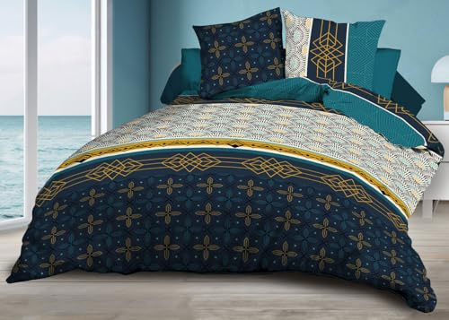 Housse de Couette 220x240 + 2 taies - Microfibre Douce et résistante - Entretien Facile - Biarritz, Bleu