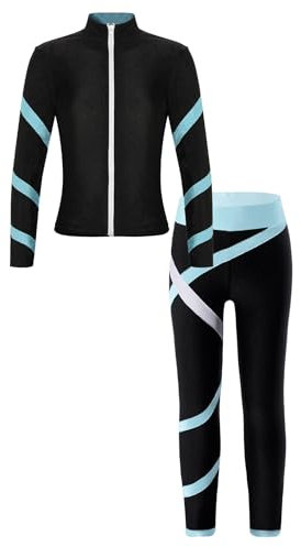 Miaeowve Kinder Mädchen Eiskunstlauf Anzug Langarm Strass Glitzer Jacke Streifen Patchwork Eislaufhose 2tlg Gymnastik Trainingsanzug Sportswear Hellblau 134-140