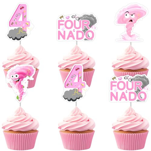 Cheereveal 36Pcs Fournado Birthday Cake Decorations, Tornado Cupcake Toppers, Pink Weather Storm Theme 4th Bday Baby Shower Cupcake Picks Party Supplies