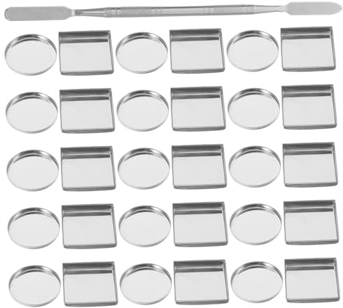 IWOWHERO 31pcs Empty Metal Palette Pans Round and Square Cosmetic Organizer for Makeup Includes Mixing Spatula for Eyeshadow Blush and Lipstick