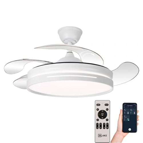 BILAKE Ventilador de Techo con Aspas Retráctiles y Luz LED. Motor DC Ultra Silencioso, Bluetooth (App) y Mando, Función Invierno/Verano, Memoria y Regulable Altura (Blanco Nieve, 108cm | 50W | 6200lm)