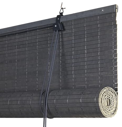 Estores enrollables de Bambú Natural Premium de Lamas Opacas de 8mm. Acabado Mate. Persianas alicantinas de diseño rústico para Ventanas y Puertas Fácil instalación Color Gris 60x175 cm STORESDECO