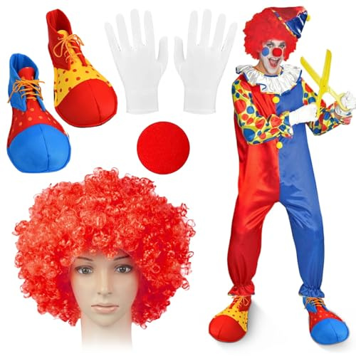 4 Piezas Conjunto de Disfraz Payaso Accesorios, Peluca de Payaso, Zapatos de Payaso, Nariz y Guantes de Payaso, Accesorios de Disfraz de Payaso para Adultos, para Halloween, Circo, Carnaval, Cosplay