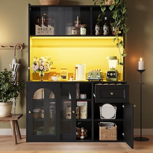 Rvjiahe Küchenschrank, Hochschrank, Vitrinenschrank, Buffetschrank mit Verstellbaren Ablagen, Esszimmerschrank, Sideboard mit LED-Beleuchtung, schwarz (schwarz)