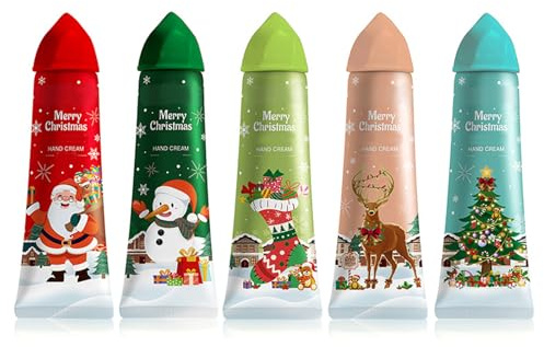 EUYKQNOI Crème pour les Mains Cadeaux Femme Noël,Lot de 5 Mini Crèmes Mains Parfumées 30g (Père Noël,Bonhomme de Neige,Chaussette,Sapin,Renne),Coffret Cadeau Festif Hydratant & Réparateur pour Femme