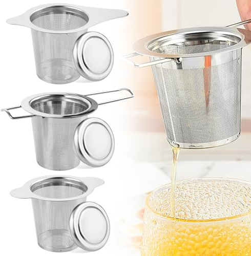 3 x Filtro da tè in acciaio inox per tè sfuso, filtro da tè per tè con coperchio e setaccio, fine Tea Strainer con manici pieghevoli Teeei per teiera, tazza, bicchiere, lavabile in lavastoviglie