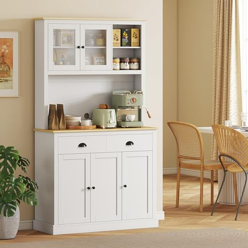 HOMCOM Kitchen Pantry Storage Cabinet with Microwave Stand, 71 Modern Kitchen Hutch with Open Countertop, Glass Doors, Storage Drawers and Adjustable Shelves for Dining Room, Coffee Bar, White