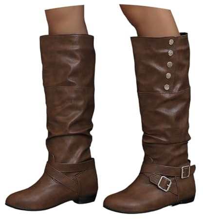 LDXEQIZ Stivali Invernali Alti con Fibbia in Metallo Boots A Gambale Lungo Stivali da Neve Caldi E Foderati Boots da Equitazione in Pelle PU con Tacco Basso Scarpe Slip-on Taglie Forti(Brown,40 EU)