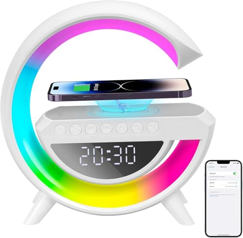 Facarler Lámpara con Cargador Inalámbrico 15W, Estación de Carga con Altavoz Bluetooth, Despertador Digital con Luz RGB y Luz Nocturna, Multifuncional para Dormitorio, Camping y Viajes