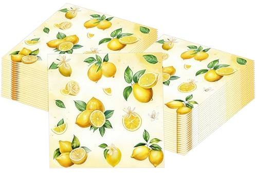 Dermalyx 40 Servilletas De Limón, Frutas De Verano para Fiesta, Servilletas De Papel Amarillo, Decoración De Limón para Cumpleaños, Desechables, Adorno De Mesa con Limón