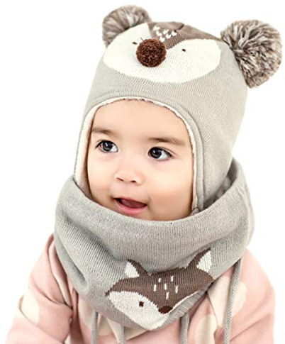 DORRISO Ragazzi Ragazze Cappello Sciarpe Set Tenersi al Caldo Confortevole Autunno Invernale Carina Piccolo Volpe Beanie Cappelli Berretto Bambini Infantili del Cappello per 1-7 Anni Bambino Grigio L