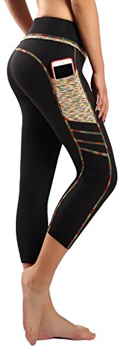 Flatik Legging de Sport pour Femme avec Poches, Opaque, Pantalon de Yoga, Fitness, Entraînement, Course, Arc-en-Ciel / Noir (3/4 Capri), L