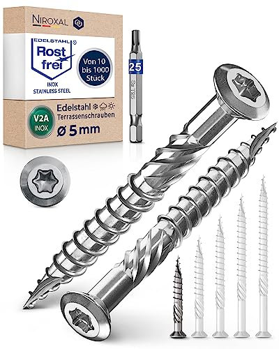 Tornillos para terraza 5x40 de acero inoxidable A2 con cabeza alomada, muesca de corte y aletas peladoras para 500 unidades, tornillos Torx 40 mm de largo + 1 punta Torx hexagonal