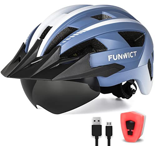 FUNWICT Fahrradhelm mit Visier für Herren Damen, Leichte Fahrradhelm mit Magnetischem Brille und USB-Aufladung LED Licht, Stylisch Mountainbike Helm Größe M/L/XL (M: 54-58 cm, Blau)