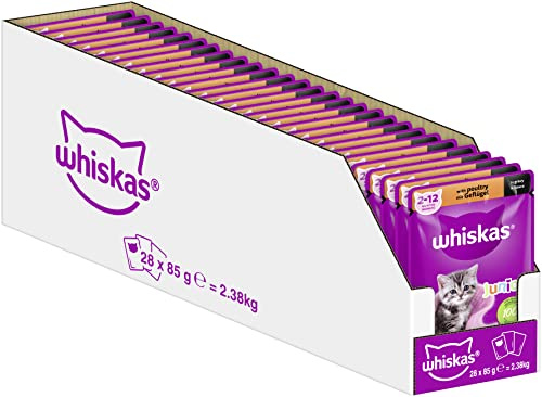 Whiskas Junior kattmat fjäderfä i sås, 28 x 85 g (1 förpackning) – högkvalitativt våtfoder för unga katter från 2 till 12 månader i 28 portionspåsar