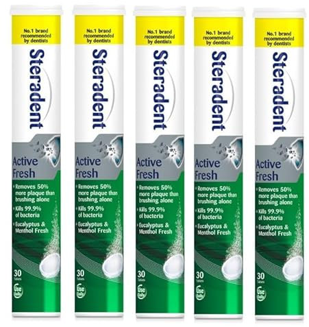 Steradent Active Fresh Denture Cleaning Tablets 30 - Daily Denture Cleaning Bundle Tablets - Pack of 5