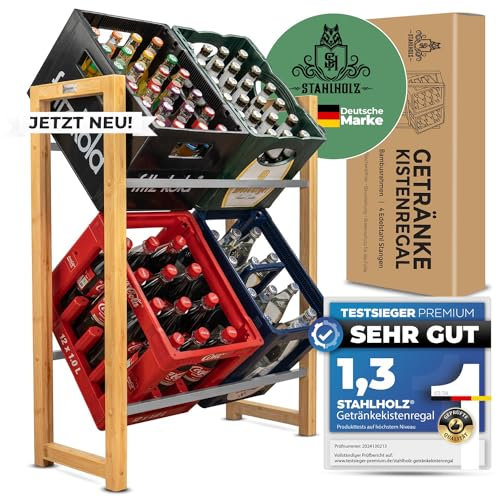 Stahlholz Getränkekistenregal für 4 Getränkekisten - Extrem stabiles Premium Holz Getränkeregal Regal Kistenregale, nachhaltiges Design durch Bambus und Edelstahl