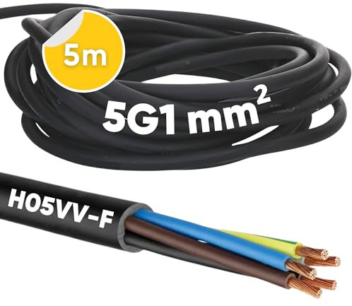 5 Meter Kalitec H05VV-F Schlauchleitung 5x1 mm² I Stromkabel 5G1 mm2 mit Schutzleiter I PVC Kabel für Innenbereich I Elektrokabel schwarz I Lampenkabel flexibel I Gerätekabel 5 adrig