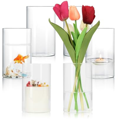 Lot de 6 vases cylindriques en verre de 15 cm pour décoration de table - Petits vases transparents pour bougies, fleurs, galets, coquillages, perles et photophores - Vase à fleurs transparent