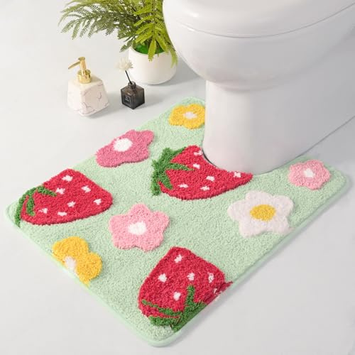 Anybar U-Shaped Toilet Rug 20x20'' - Super Soft Absorbent Bathroom Mat with Cute Strawberry & Flower Design, Non-Slip Quick-Dry Washable Contour Rug for Toilet, Bath Mats for Bathroom Decor（Green）