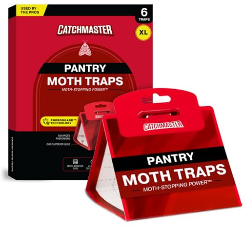 Catchmaster Pantry Moth Traps with Premium Extra Strength Pheromone Technology – XL, Extra-Strength Flour & Indian Meal Moth Traps – Protects Kitchen Cabinets & Food Storage – Red, 6PK