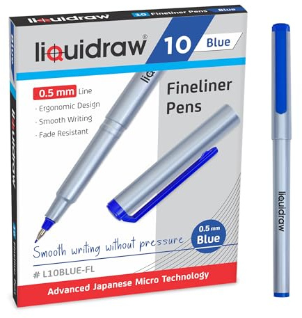 Liquidraw 10 blå fineliner-pennor set fina spetspennor 0,5 mm fineliners blåfärgade pennor för konstnärer, arkitekter, teknisk ritning, handskrift, kalligrafi, skissning och illustrationer