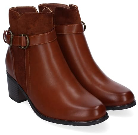 shoes&blues.es Bottines à talons pour femme, confortables et élégantes avec détail de boucle, bout rond et fermeture éclair latérale, idéales pour l'automne et l'hiver., Camel, 36 EU