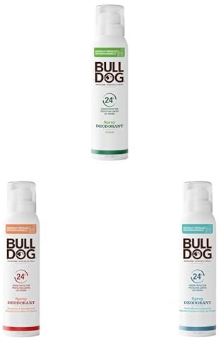 Bulldog lot de 3 déodorants pour Homme Spray 125 ml - parfums Original + Bergamote et Bois de Santal + Menthe Fraîche et Bois de Cèdre