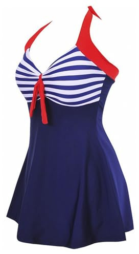 AMAGGIGO Women's Polka Dot One Piece Swimsuit Tummy Control Swimwear Swimdress with Skirt Swimming(3blue Strip,12(L))