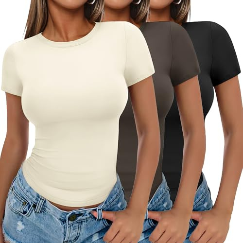 Ekouaer Womens 3 Pack Short Sleeve Tops Crew Neck Basic T-Shirts Stretch Fitted Summer Crop Top Aesthetic Streetwear, Black + Beige + Brown, M