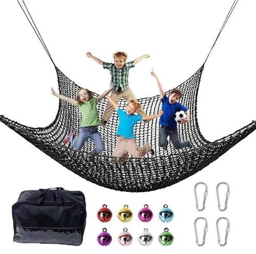 Red De Escalada para Patio De Recreo Doble Capa,3x3m Red De Seguridad,para Parques Infantiles, Casas En Los Árboles y Jardines,Incluye Bolsa De Almacenamiento,4 Ganchos y 8 Cascabeles(Negro)