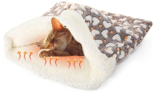 Clysee Self Heating Cat Sleeping Bag Indoor Self Warming Cat Bed Cave Heated Pad Cozy Soft Winter Washable Wrap Pet Snuggle Sack Pouch for Puppy Dog Kitten, 24 x 21 Inch(Cute,Gray)