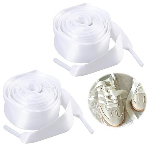 Nexaflow 2 Pares de Cordones de Cinta de Raso, 140cm & 160cm, 2cm de ancho, Cordones Planos de Raso Blanco para Zapatillas, Botas y Zapatos Planos