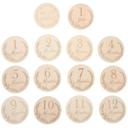 TEMPNAP Cartes de Croissance Bébé en Bois 14pcs, Accessoires Photo Recyclables pour Souvenirs et Jalons Mensuels, Cadeau Naissance Kaki pour Nouveaux-nés
