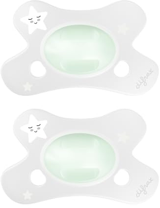 Difrax Sauger 0-6 Monate Natural – Schnuller für Neugeborene mit Silikonsauger – leicht zu akzeptieren – optimale Luftzufuhr – Tutute für Neugeborene – phosphoreszierend/Glow in the Dark – 2 Stück