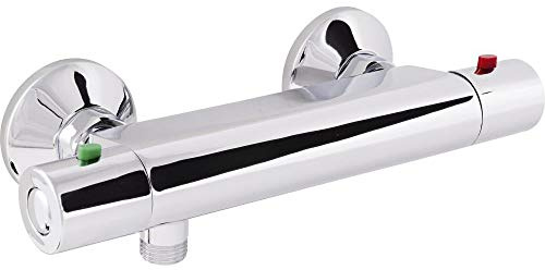 aquaSu® Basic 78115 2 - Batteria termostatica Tiado con funzione di risparmio idrico e interno in ceramica, scarico inferiore doccia in ottone, rubinetto con valvola antiriflusso, cromato