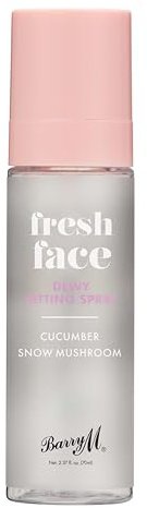 Barry M Fresh Face Dewy Finish Setting Spray, langanhaltend, formuliert mit feuchtigkeitsspendendem Gurkenextrakt und feuchtigkeitsspendendem Schneepilz, klar