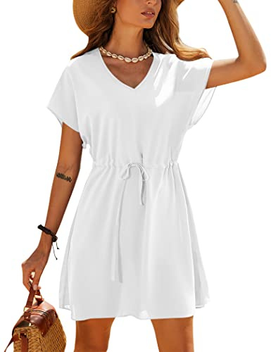 Ekouaer Women's Cover Ups Casual Swimsuit Coverups Flowy Tie Waist Beach Cover Up Dress(White, Medium)