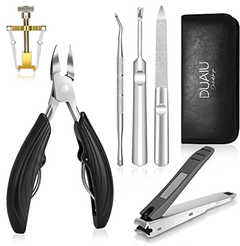 Nail Clippers Set DUAIU 6Pcs Toenail Clippers for Thick and Ingrown Nails Contain Heavy Duty Stainless Steel Toenail Scissors with Nail File and Professional Toenails Trimmer Black