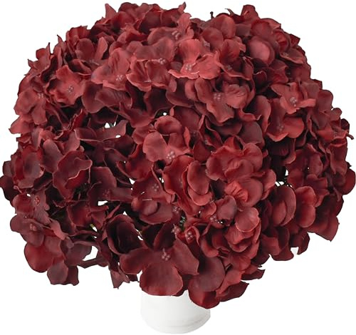 Mandy's 10 tallos de hortensias de seda burdeos – Centro de mesa artificial para decoración de Acción de Gracias, Navidad, boda y decoración del hogar