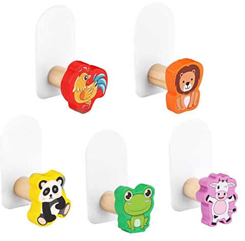 RUNEAY Ganchos para ropa para niños 5 unidades, ganchos de madera para niños, ganchos adhesivos para niños, autoadhesivos, sin taladrar, perchero para habitación de los niños, ganchos para colgar