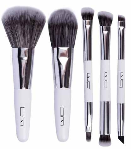 Brush Master Travel Makeup Brushes Set w/Pouch, 5PCS Double Ended Portable Mini Cosmetic Brushes Kit for Foundation, Eyeshadow, Lip, Blush Make Up Brushes Professional(White)
