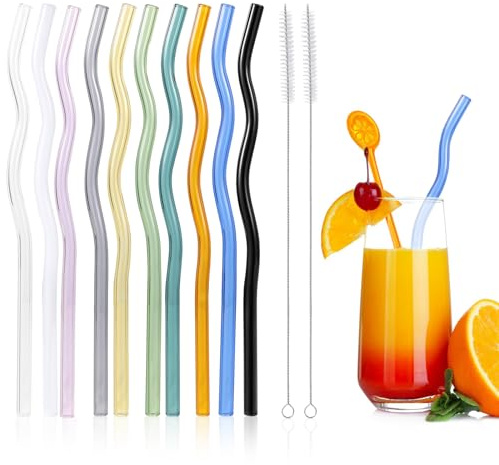 10 Pcs Reusable Wavy Colorful Glass Straws,9''x8 mm Shatter Resistant Cute Drinking Straws with 2 Cleaner Brush for Beverages,Coffee,Juice,Cocktail,Teas
