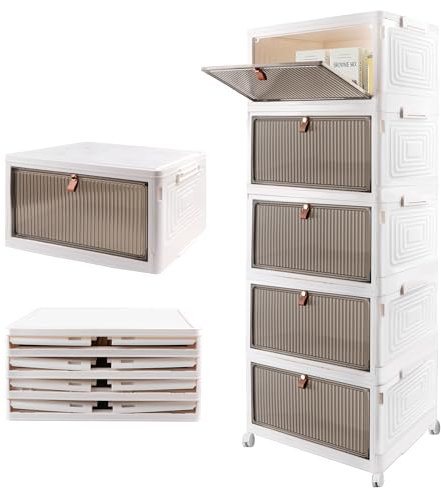 Lacusmall Storage Box with Lid, 22L*5 Layers Stackable Foldable Storage Boxes with Wheels, Plastic Transparent Stacking Boxes for Kitchen, Office and Living Room