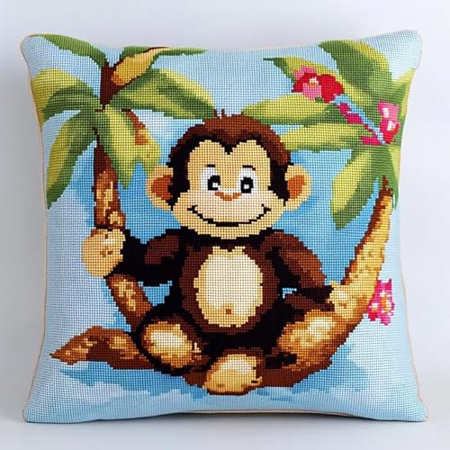 WallustrioaW Kissen Knüpfen Kit Affe auf Ast,Knüpfkissen Set Für Anfänger Erwachsene Oder Kinder Zum Selber Knüpfen,DIY Knüpfteppich Knüpfpackung,43x43cm