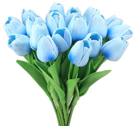 FAINCA 15 Pièces Tulipe Artificielle, Longueur 34 cm Touche Réaliste Tulipe Bouquet De Fleurs, Tulipes Artificielles, pour Bouquet De Mariage, Saint-Valentin (Lac Bleu)