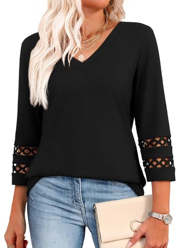 Aokosor Womens Tops 3/4 Length Sleeve Blouses Ladies V Neck T Shirts for Women UK Loose Casual Fit Size 22-24 Black