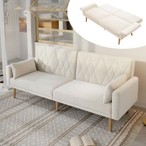 YuQozii Sofá pequeño de dos plazas, sofá cama con función de dormir, sofá cama de terciopelo, adecuado para sala de estar, dormitorio, cine en casa, habitación de invitados (beige)